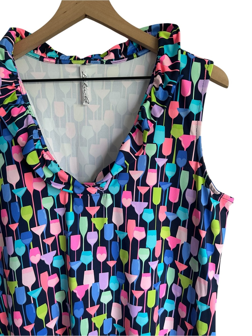 Lulu B Wine Glass Print Ruffneck Sleeveless Dress Size Large - Picture 2 of 5